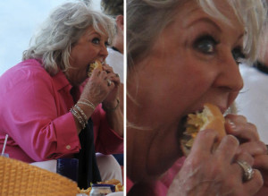Paula Deen wolfing down a burger, pre-diet