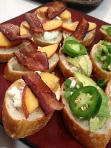 Bacon Goat Cheese Crostinis and Avocado Hot Pepper Crostinis 