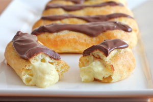 Chocolate eclairs filled with cream
