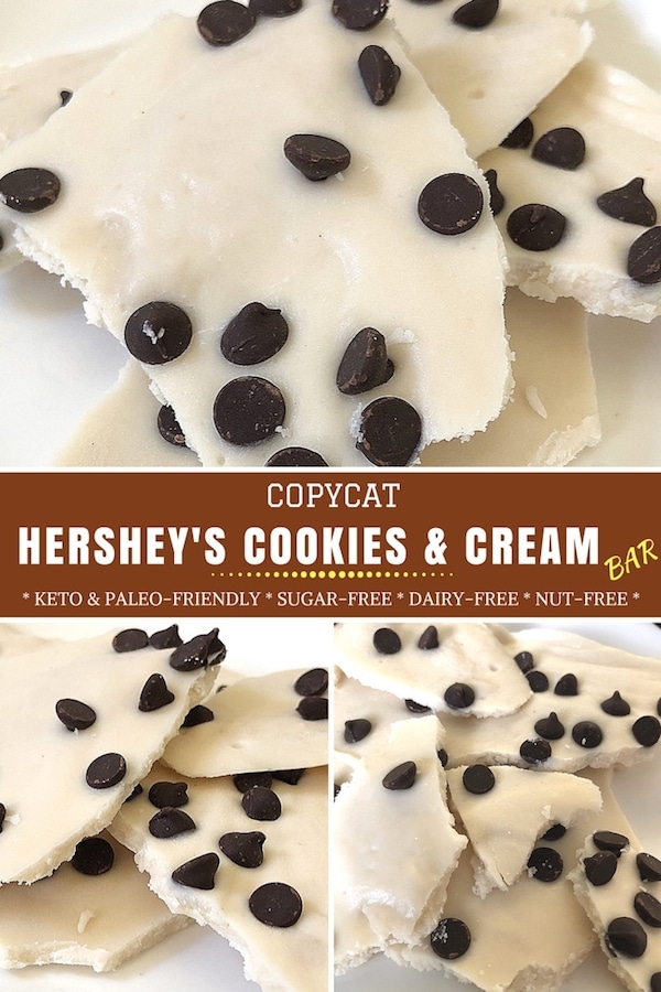 I decided to remake the Hershey's Cookies and Cream Bar completely allergen-friendly and insanely healthy as my recipe has ZERO SUGAR, DAIRY, GLUTEN, SOY or NUTS! This white chocolate bar is to be refrigerated/frozen post construction so you can really get the feeling that you're eating that Hershey's White Chocolate Bar!