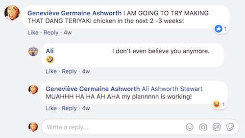 facebook conversation about healthy chicken teriyaki