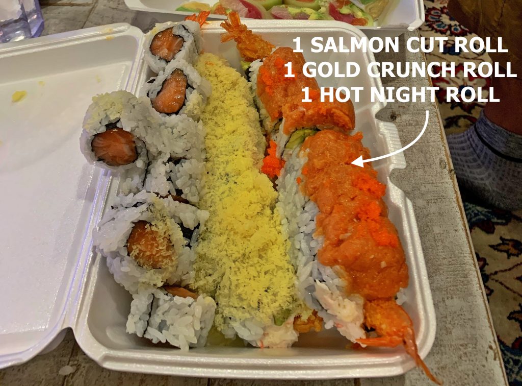 salmon sushi roll, gold crunch sushi roll, hot night sushi roll
